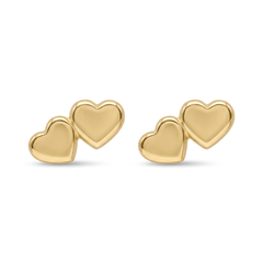 Par de broqueles de oro 10K, cada uno con dos corazones lisos de distinto tamaño sobre fondo blanco.