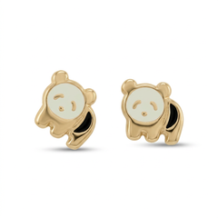 Broqueles panda de oro 10K con caritas claras y detalles negros.