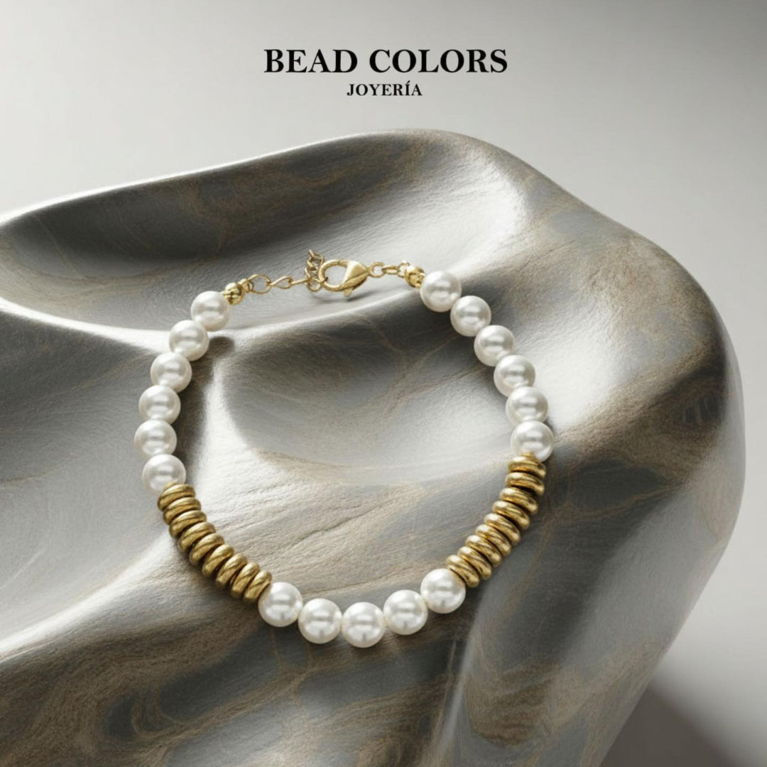 PULSERA PERLA DORADA ACERO