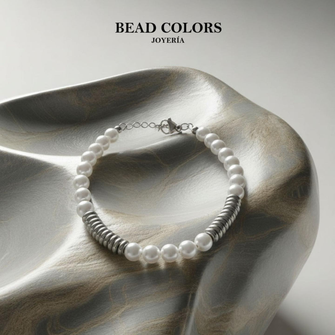 PULSERA PERLA PLATEADO ACERO