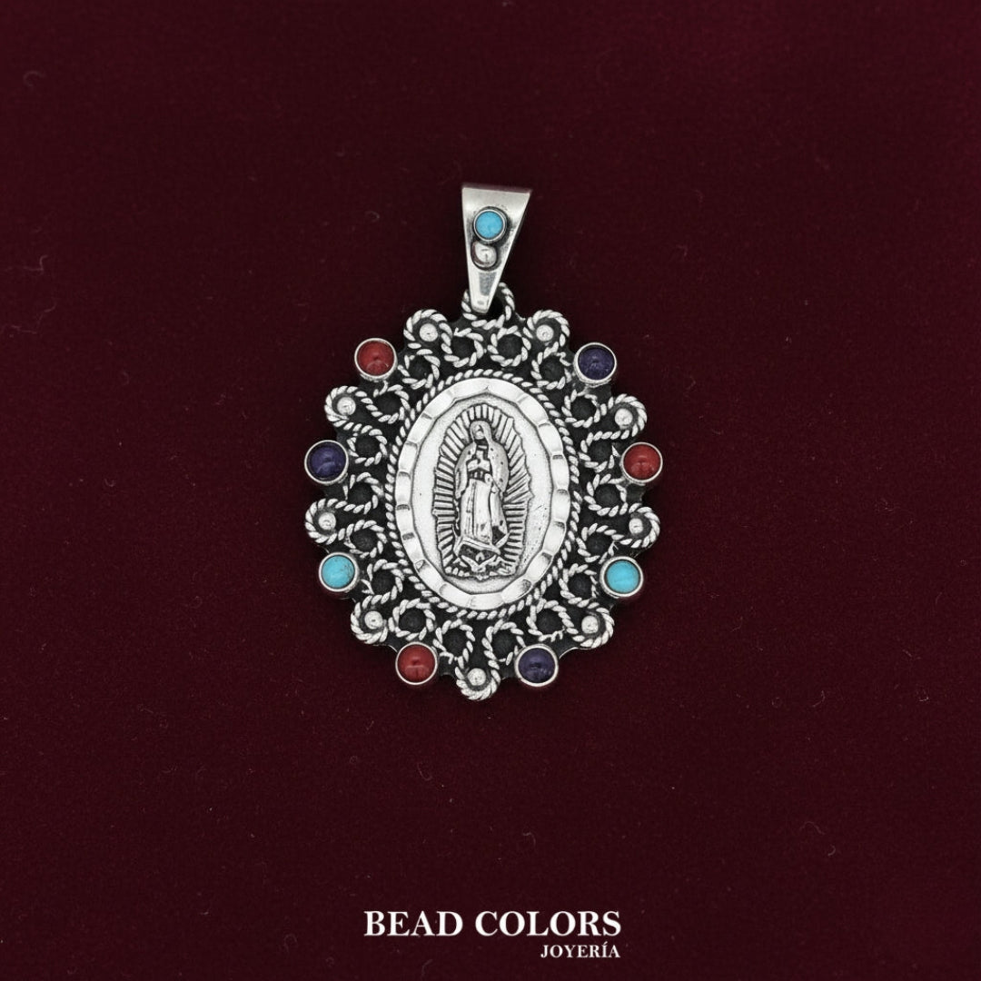 DIJE VIRGEN TURQUESA/CORAL/AMATISTA PLATA .925