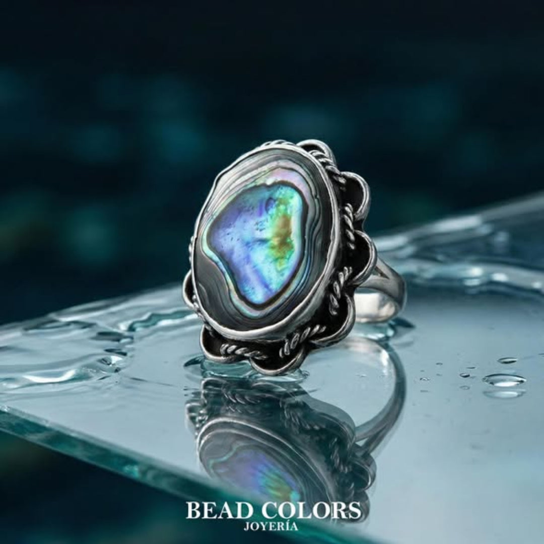 JUEGO FINO ANILLO, DIJE Y ARETE ABULON PLATA .925