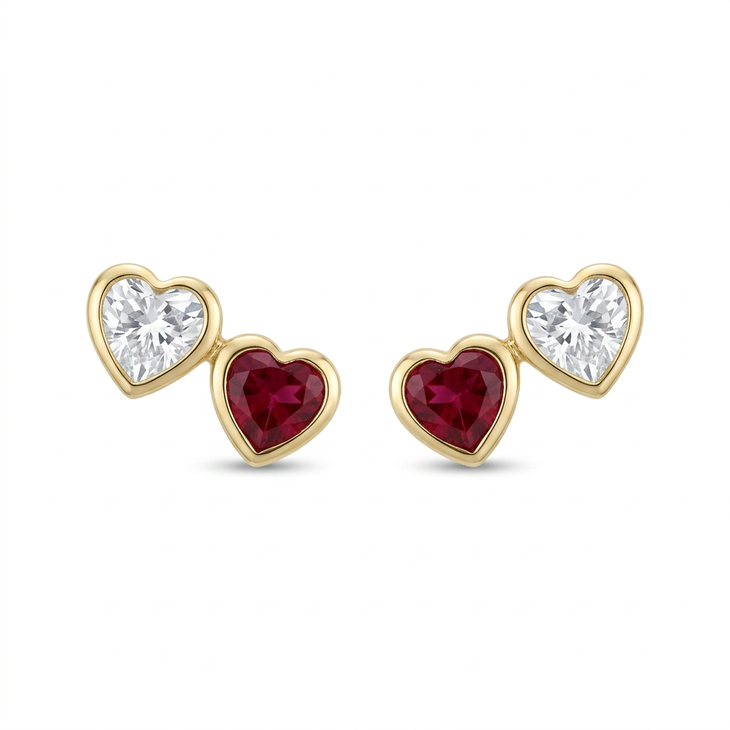 Par de broqueles de oro 10K con corazones rojo y transparente sobre fondo blanco.