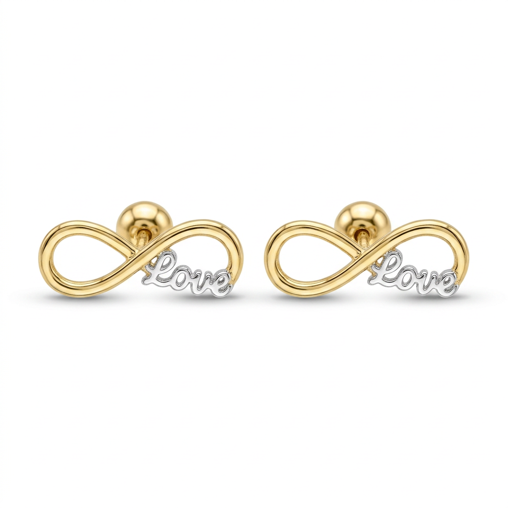 Broqueles infinito Love de oro 10K con contorno dorado abierto y letras de tono blanco.