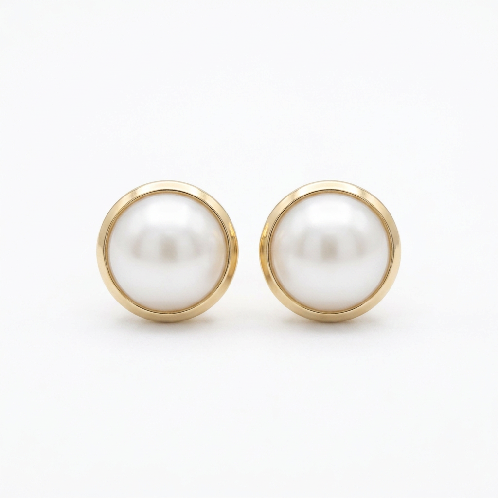 Broqueles charola perla 5 mm de oro 10K con marco circular dorado liso.
